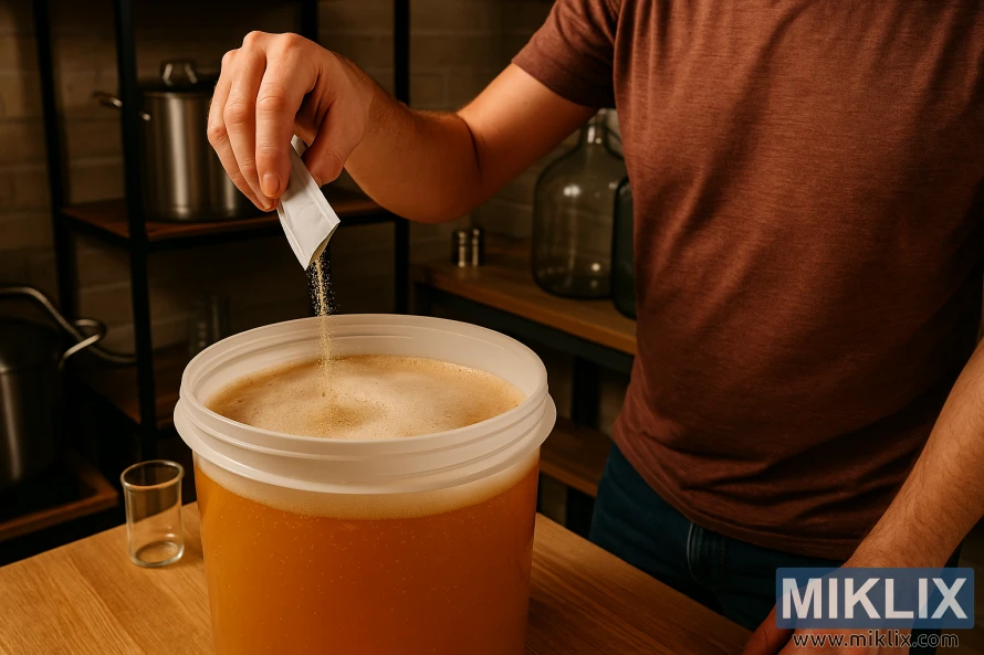 A homebrewer in a rust-colored shirt pouring dry yeast into a foamy saison wort inside a plastic fermentation vessel on a wooden table. A homebrewer in a rust-colored shirt pouring dry yeast into a foamy saison wort inside a plastic fermentation vessel on a wooden table.