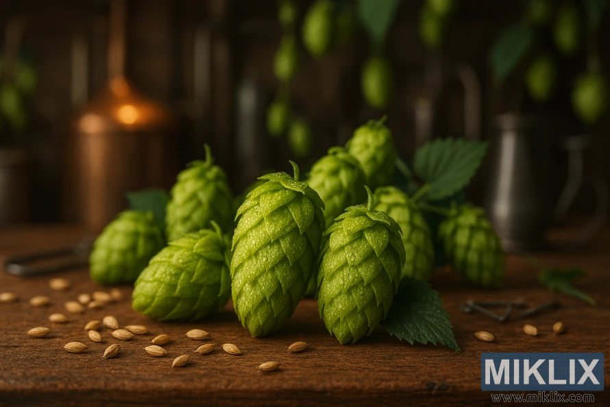 Close-up of dewy Summit hops on a rustic wooden table with barley grains and brewing tools Close-up of dewy Summit hops on a rustic wooden table with barley grains and brewing tools