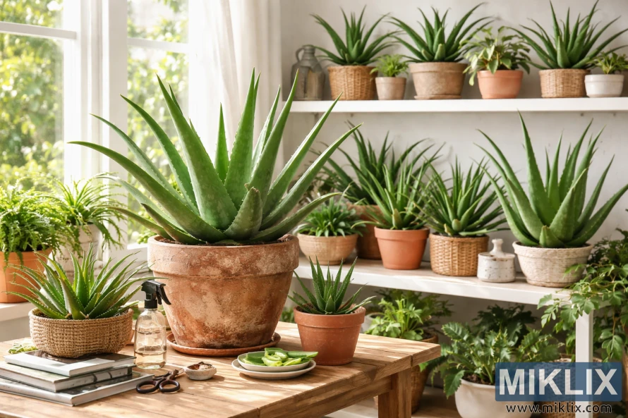 A bright indoor space filled with thriving aloe vera plants in terracotta and woven pots, arranged on a wooden table and white shelves near a sunlit window. A bright indoor space filled with thriving aloe vera plants in terracotta and woven pots, arranged on a wooden table and white shelves near a sunlit window.