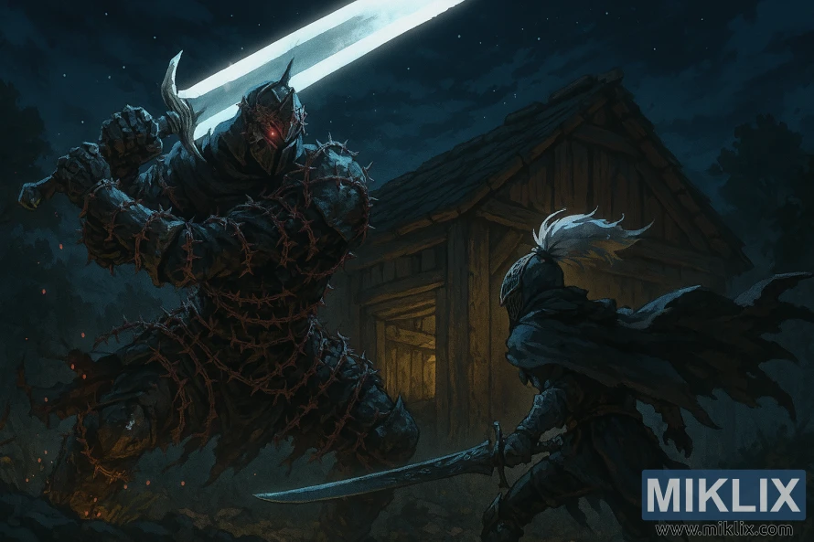 Anime-style battle between Tarnished and Bell Bearing Hunter at Hermit Merchant's Shack Anime-style battle between Tarnished and Bell Bearing Hunter at Hermit Merchant's Shack