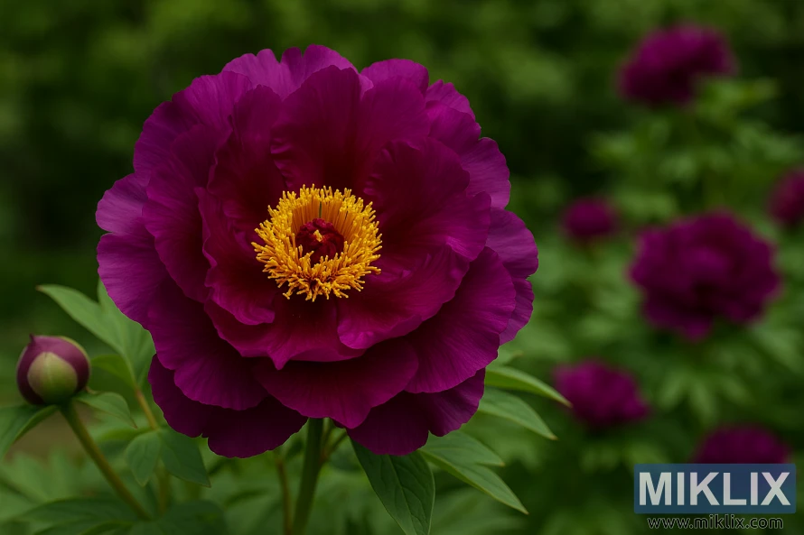 A close-up of a Shimadaijin tree peony with deep purple-red petals and golden-yellow stamens in a lush garden setting.