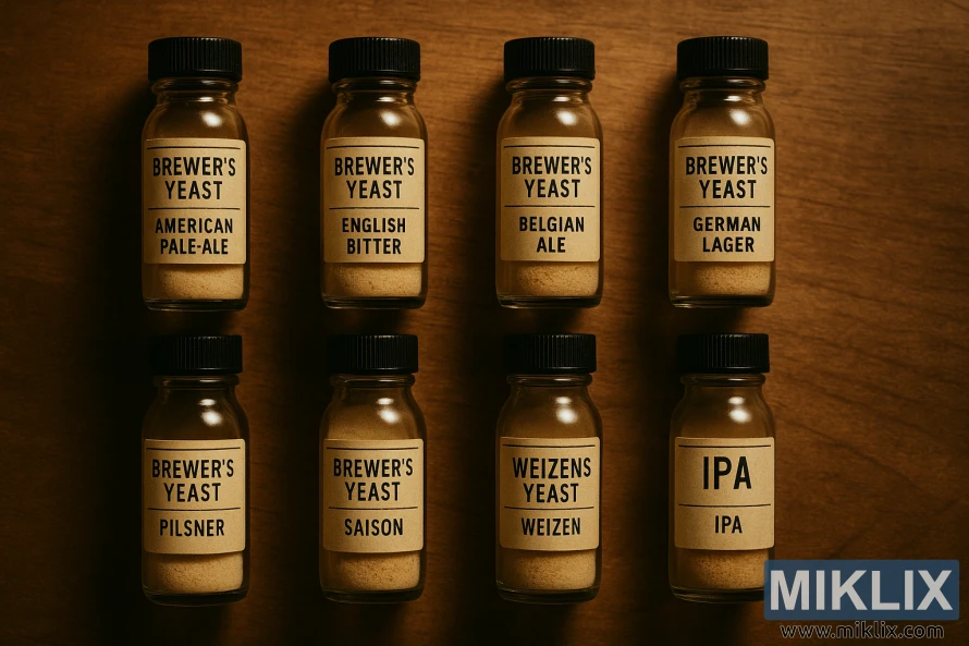Åtte merkede ølgjærflasker arrangert på en treflate i varmt lys.