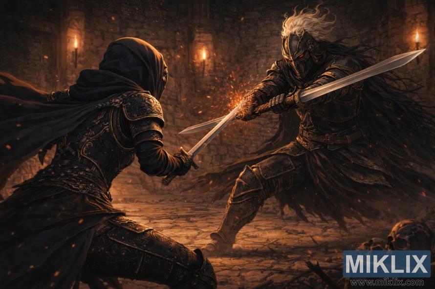 Anime-style fan art of the Tarnished clashing swords with Black Knight Edredd wielding a double-ended blade inside a ruined stone fortress