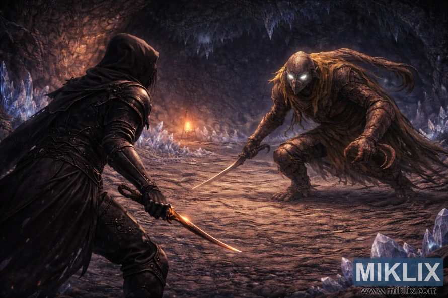 Over-the-shoulder fantasy scene showing the Tarnished in Black Knife armor facing the Bloodhound Knight inside a crystal-filled cave just before combat.