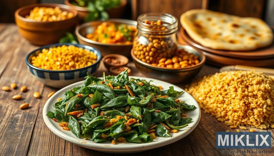 ગામઠી ટેબલ પર મેથીની વાનગીઓ જેમાં શેકેલા પાન, ભાત, મસૂરનો સ્ટયૂ અને નાનનો સમાવેશ થાય છે.