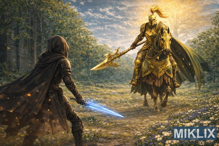 Wide anime-style scene showing the Tarnished in Black Knife armor with a glowing blue sword facing a much larger Tree Sentinel on horseback wielding a golden halberd in a sunlit meadow.