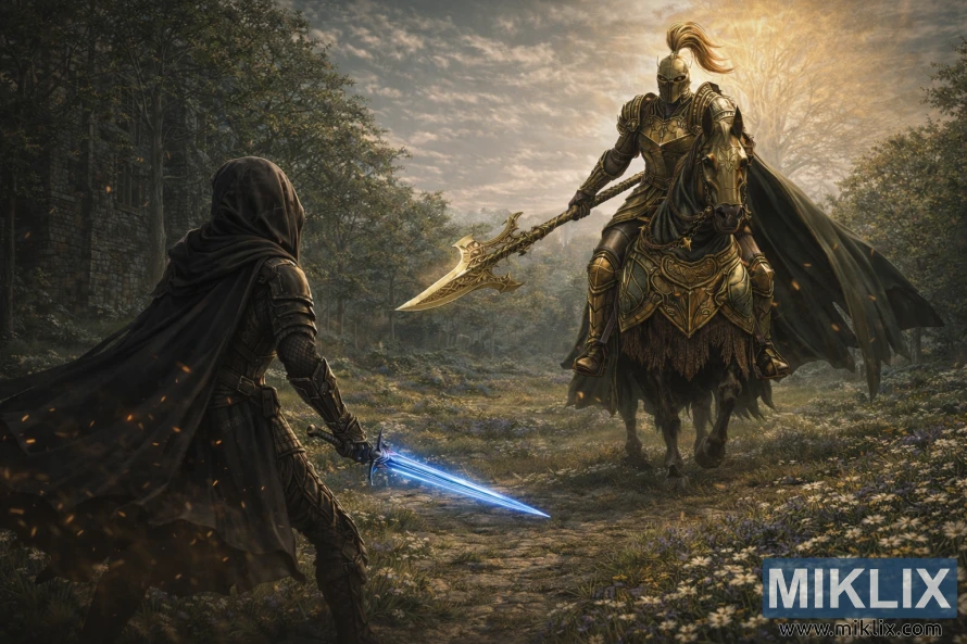 Cinematic fantasy scene showing the Tarnished in Black Knife armor holding a glowing blue sword facing a towering Tree Sentinel with a golden halberd in a realistic meadow setting.