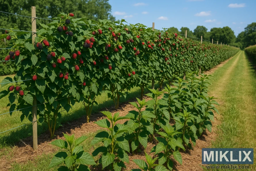 Dvigubo pasėlio sistemoje išsidėsčiusios primocano formos gervuogių eilės, rodančios vaisines šakeles ir naujus ūglius po saulėtu mėlynu dangumi. Dvigubo pasėlio sistemoje išsidėsčiusios primocano formos gervuogių eilės, rodančios vaisines šakeles ir naujus ūglius po saulėtu mėlynu dangumi.