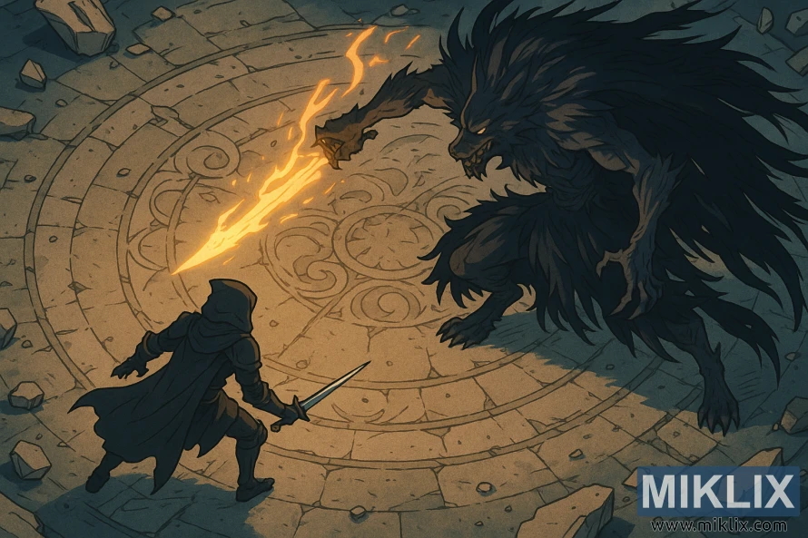 Overhead anime-style view of a Black Knife–armored player circling Maliketh, the Black Blade, on a broken stone arena in Crumbling Farum Azula.