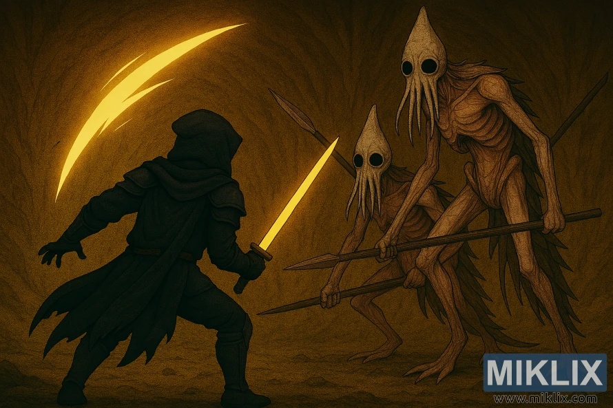 Anime-style Elden Ring fan art of the Tarnished battling two towering Kindred of Rot in a cavern