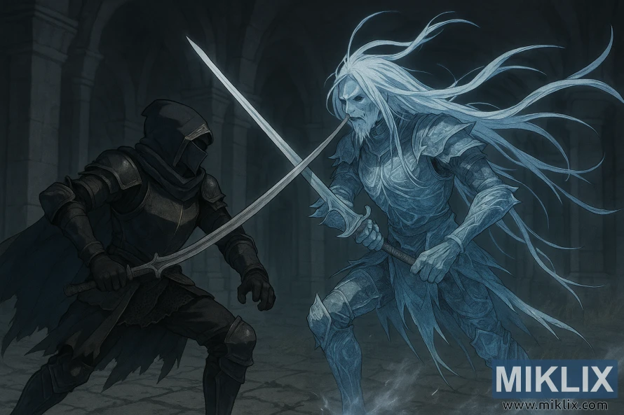 The Tarnished in Black Knife armor battling the Ancient Hero of Zamor with curved swords inside the Sainted Hero's Grave.