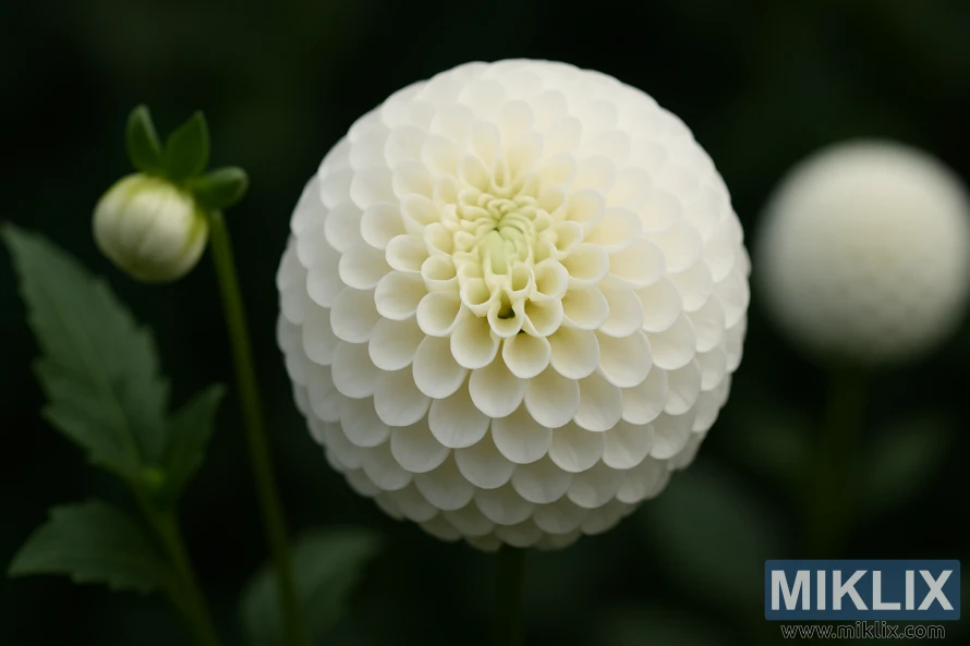 Close-up of a Small World pompon dahlia with creamy white spherical petals.