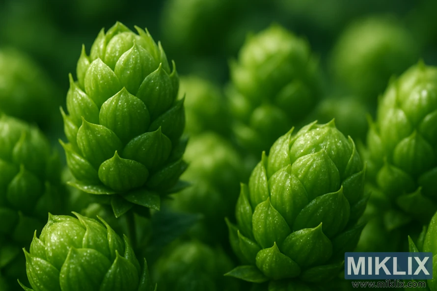 Karibu na koni za Milenia za hop na tezi za lupulin zinazometa katika mwanga wa asili.