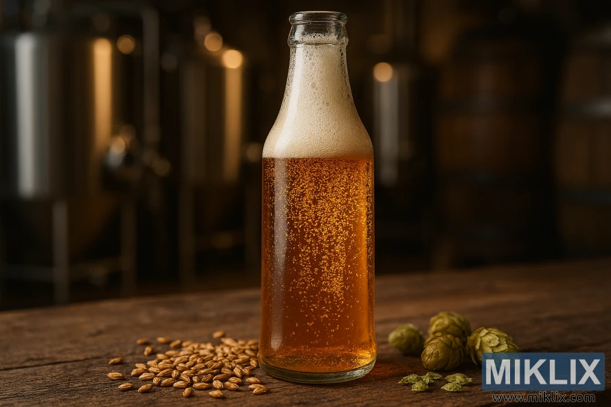 Close-up of a glass bottle filled with golden Belgian ale on a rustic table with barley and hops, set against a blurred brewery background. Close-up of a glass bottle filled with golden Belgian ale on a rustic table with barley and hops, set against a blurred brewery background.