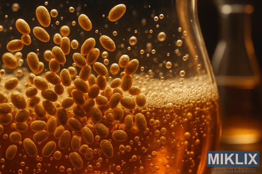 Krupni plan stanica kvasca u jantarnoj tekućini s mjehurićima koji se dižu pod toplim zlatnim svjetlom.