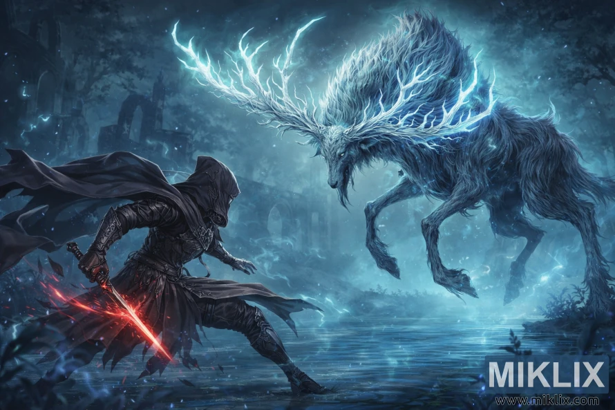 ନୋକ୍ରନ୍ ହାଲୋହର୍ନ ଗ୍ରାଉଣ୍ଡସର ବନ୍ୟାଗ୍ରସ୍ତ ଧ୍ୱଂସାବଶେଷରେ ଉଜ୍ଜ୍ୱଳ ରାଜକୀୟ ପୂର୍ବପୁରୁଷ ଆତ୍ମା ସହିତ ଲଢ଼ୁଥିବା କଳା ଛୁରୀ କବଚରେ ଟାର୍ଣ୍ଣିସ୍ଡ୍ ଆନିମେ ଷ୍ଟାଇଲ୍ ଫ୍ୟାନ୍ ଆର୍ଟ।