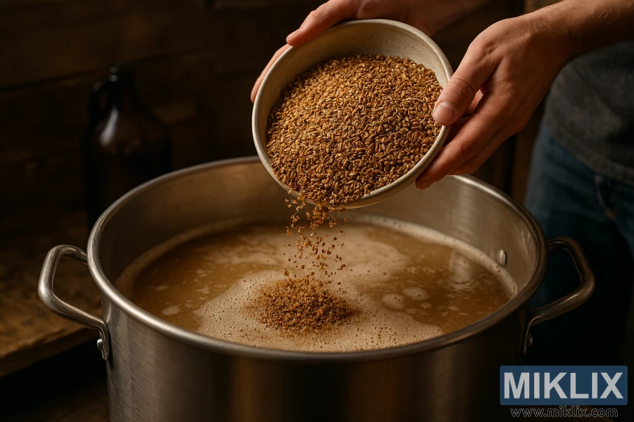 Krupni plan usitnjenog slada za kavu koji se ulijeva u posudu za slađenje od nehrđajućeg čelika u rustikalnom okruženju kućnog pivarstva.
