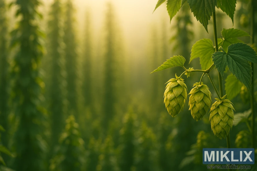 Lähikuva kypsistä kullankeltaisista Comet-humalan käpyistä rehevän vihreillä lehdillä auringon valaisemalla humalapellolla