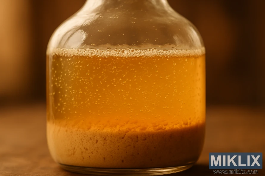 Nærbilde av et gjæringskar av glass med gyllen, boblende væske og gjærsediment.