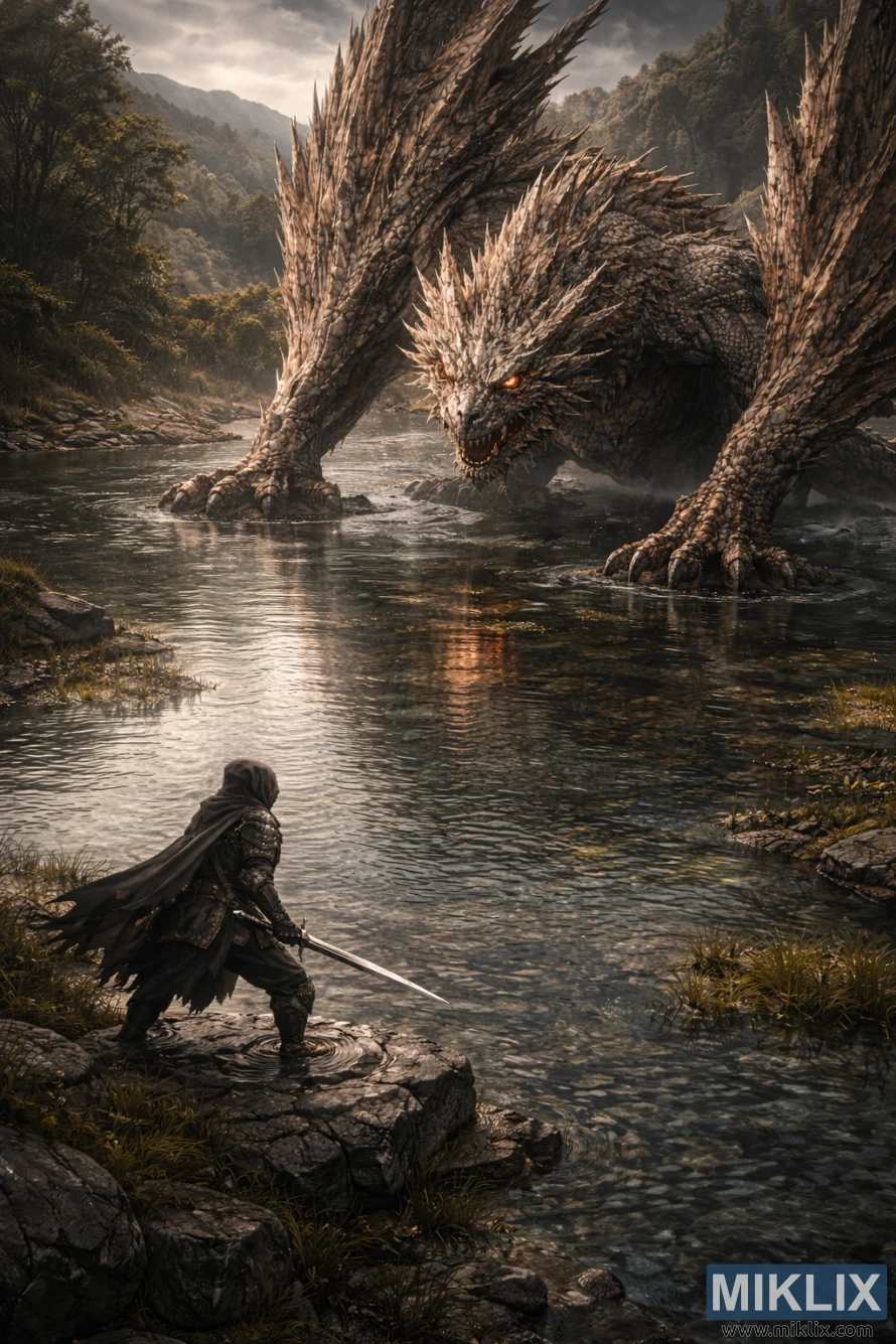 Realistic fantasy scene of a hooded armored warrior with a sword facing a gigantic dragon in a shallow lake from an elevated isometric view
