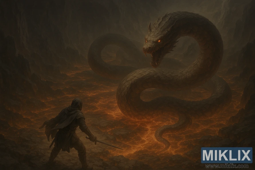 Tək döyüşçü böyük vulkanik mağaranın içərisində ərimiş lava sahəsində nəhəng ilanla qarşılaşır.