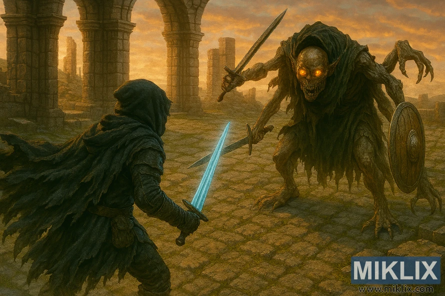 Semi-realistic Elden Ring fan art of the Tarnished confronting a grotesque Grafted Scion at sunset