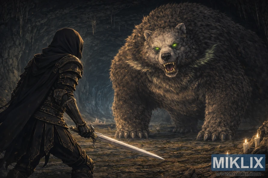Anime style dark fantasy scene of a hooded armored warrior seen from behind holding a sword while facing a gigantic glowing-eyed bear in a dim candle-lit cave.
