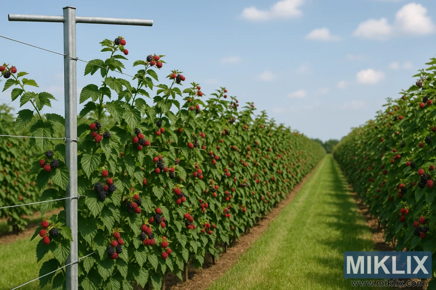 T formos grotelių sistemos paremtos stačios gervuogių augalų eilės su prinokusiomis ir neprinokusiomis uogomis po ryškiai mėlynu dangumi. T formos grotelių sistemos paremtos stačios gervuogių augalų eilės su prinokusiomis ir neprinokusiomis uogomis po ryškiai mėlynu dangumi.