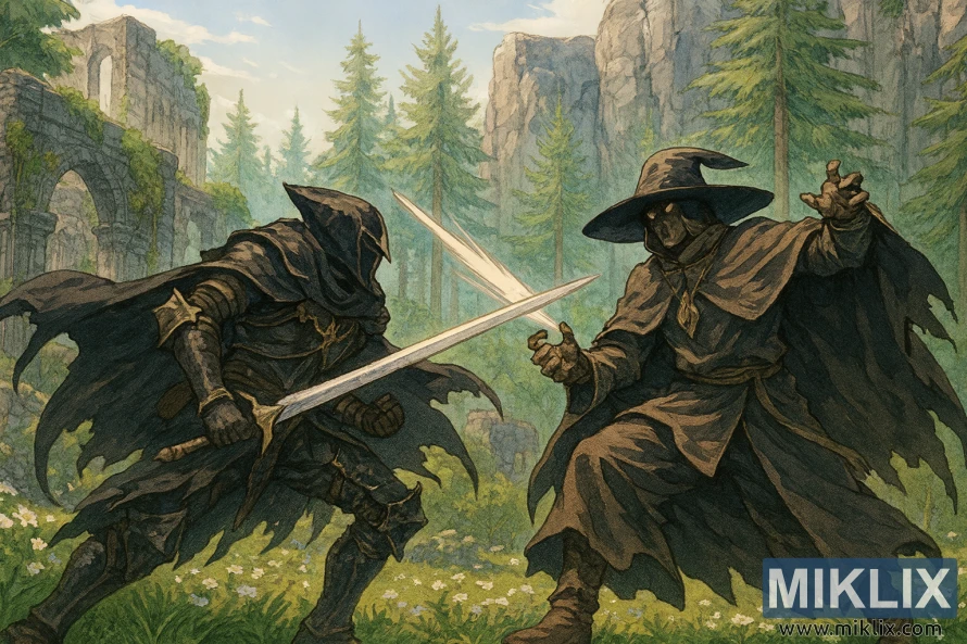 Anime-style fan art of the Tarnished battling Dryleaf Dane in Elden Ring's Moorth Ruins Anime-style fan art of the Tarnished battling Dryleaf Dane in Elden Ring's Moorth Ruins