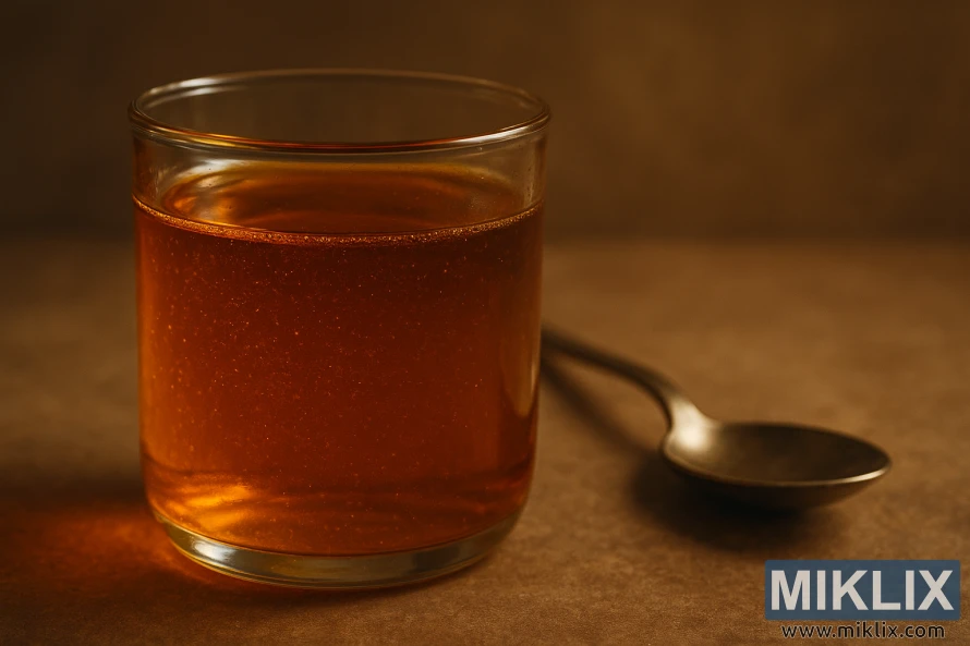 A glass container filled with warm amber bullion oil beside a metallic spoon, captured under soft golden light against an earthy brown background.
