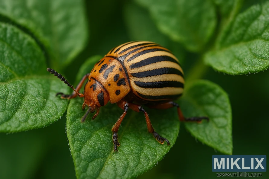 Close-up of a Colorado potato beetle with striped elytra on a green potato leaf