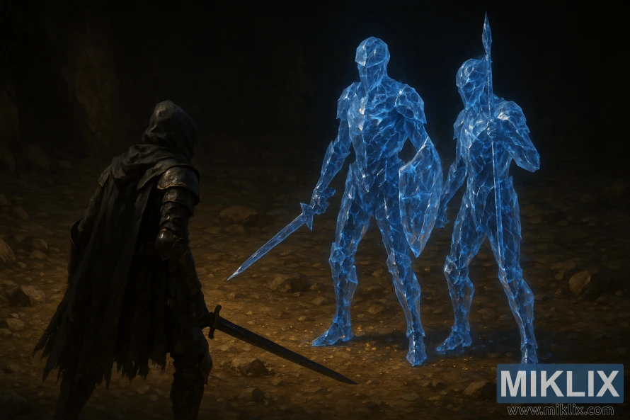 Realistic fantasy scene of a Tarnished in dark armor facing two glowing blue Crystalians, one with a sword and shield and the other with a spear, in a rocky cavern.