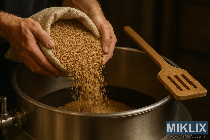 Bryggerens hender helte gylden pale ale-malt i en bryggekjele i rustfritt stål med moseåre i nærheten.