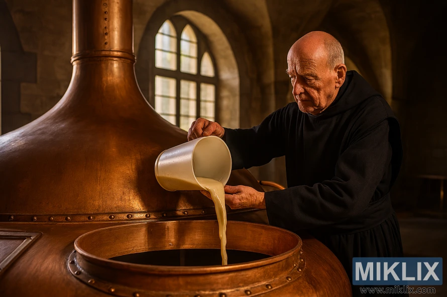 Un călugăr în vârstă toarnă drojdie într-un rezervor de cupru în interiorul unei berării istorice belgiene Un călugăr în vârstă toarnă drojdie într-un rezervor de cupru în interiorul unei berării istorice belgiene