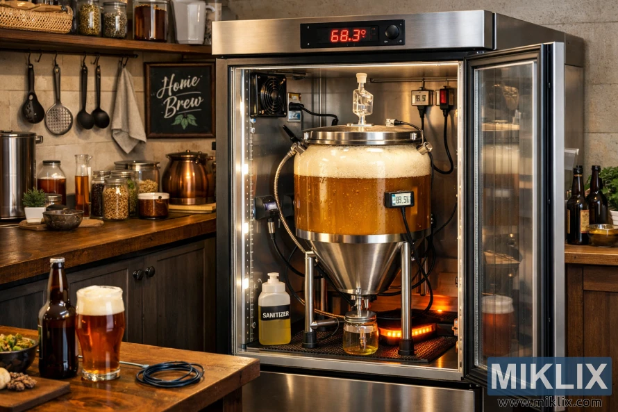 Transparent na silid para sa pagbuburo ng serbesa na may conical fermenter sa loob, makikita sa isang mainit at simpleng kusina na may mga kagamitan sa paggawa ng serbesa at serbesa sa counter.