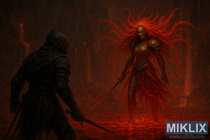 The Black Knife Assassin faces Malenia in her Goddess of Rot form, surrounded by red rot energy in a cavern of cascading falls and glowing decay.