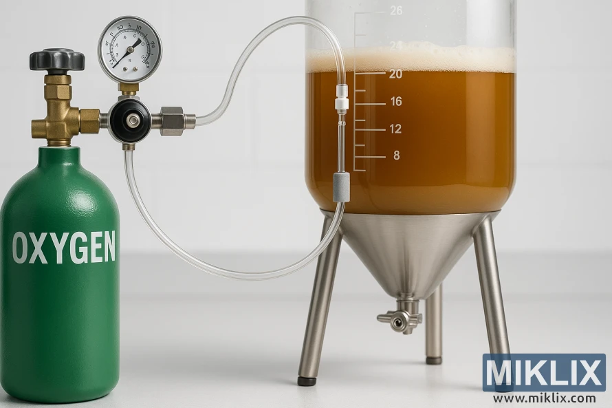 Oxygen tank connected to a beer fermentation vessel with tubing and diffusion stone in a clean lab setting. Oxygen tank connected to a beer fermentation vessel with tubing and diffusion stone in a clean lab setting.