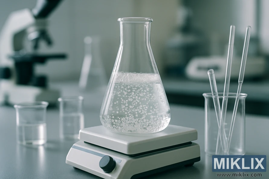 A clear Erlenmeyer flask filled with bubbling liquid on a stir plate, with pipettes and beakers nearby in a softly lit laboratory.