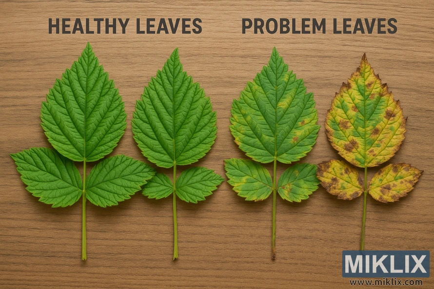 Four raspberry leaves on a wooden surface, showing two healthy green leaves on the left and two damaged, yellowing leaves on the right.