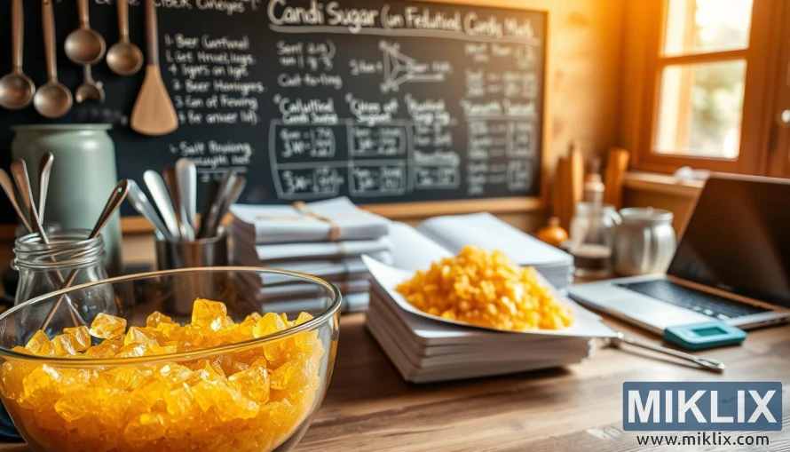 Arbeidsbenk med glassskål med gyllent kandissukker, måleverktøy og bryggenotater i varmt lys.