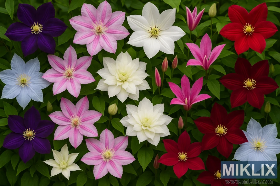 Close-up of multiple clematis varieties in purple, pink, white, red, and pale blue, showcasing diverse flower forms against green foliage.
