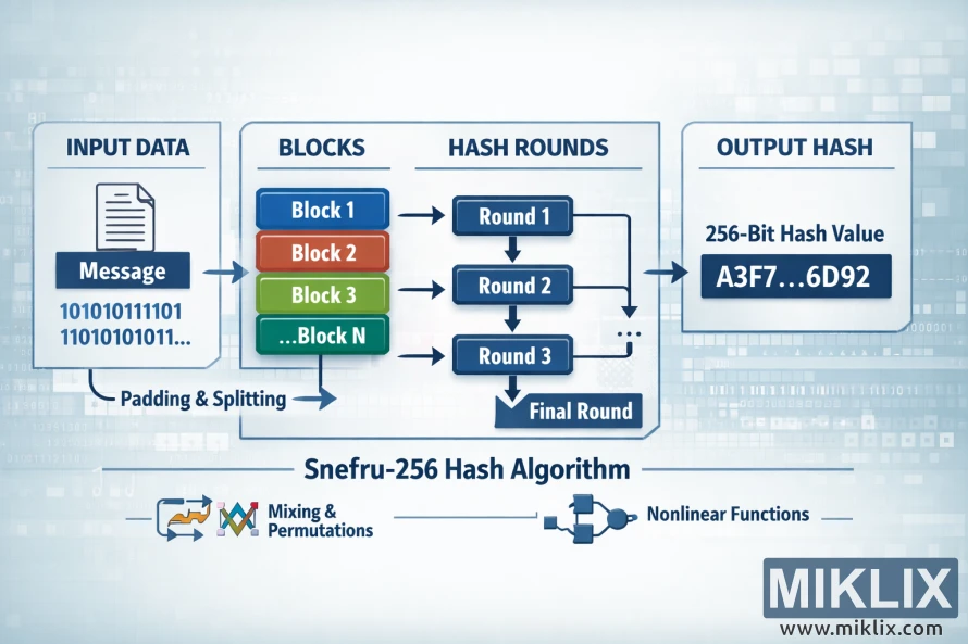 Infographic showing the Snefru-256 hash process from input message through blocks and multiple hash rounds to a final 256-bit output value.