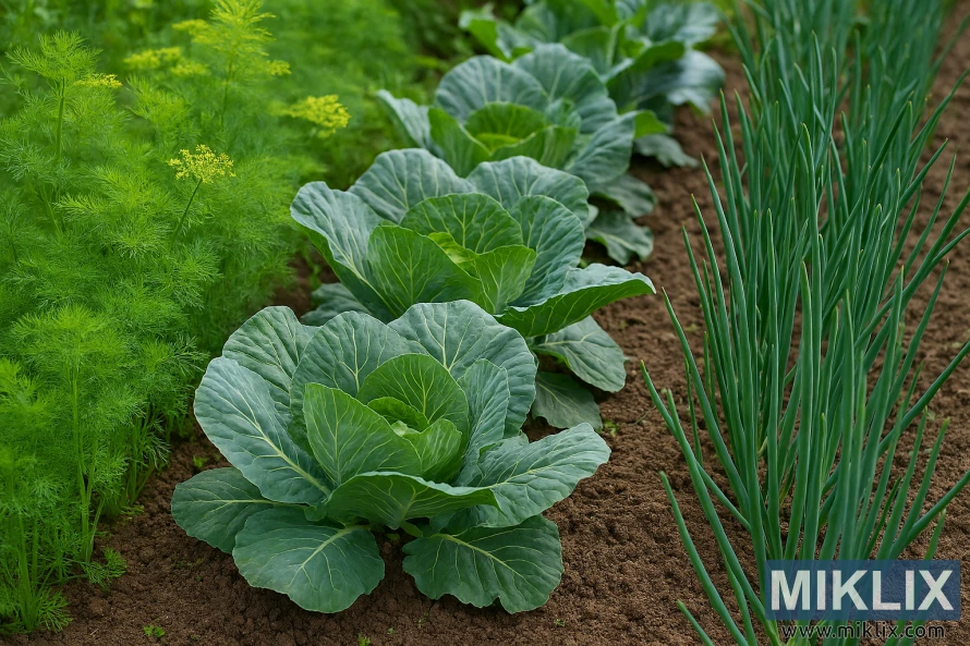 Dill, cabbage, and onions growing together in a companion planting garden Dill, cabbage, and onions growing together in a companion planting garden