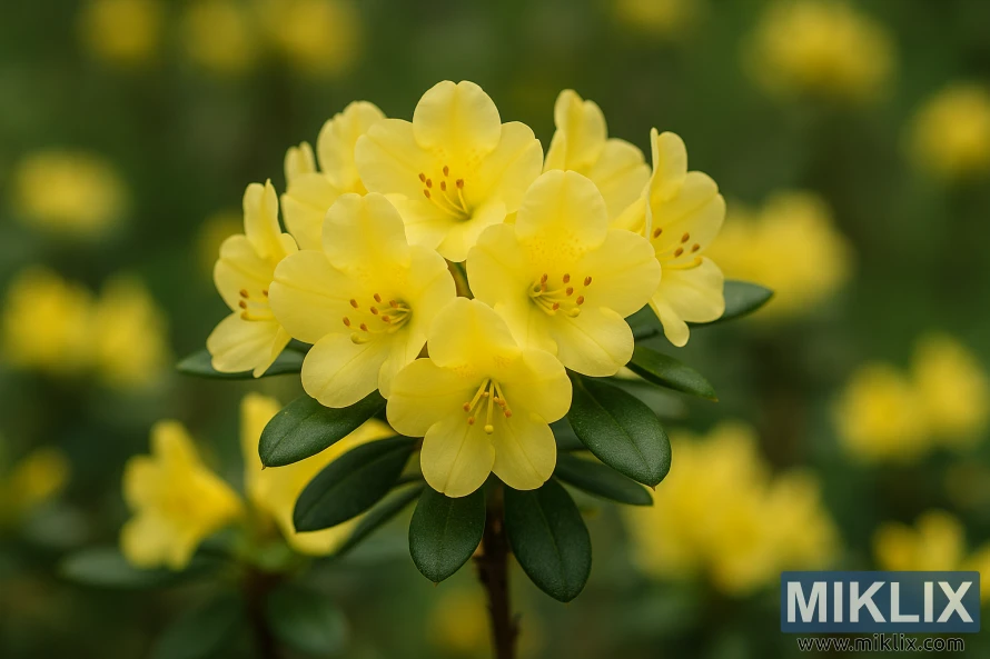 Close-up of Wren dwarf rhododendron with bright yellow cup-shaped blossoms. Close-up of Wren dwarf rhododendron with bright yellow cup-shaped blossoms.
