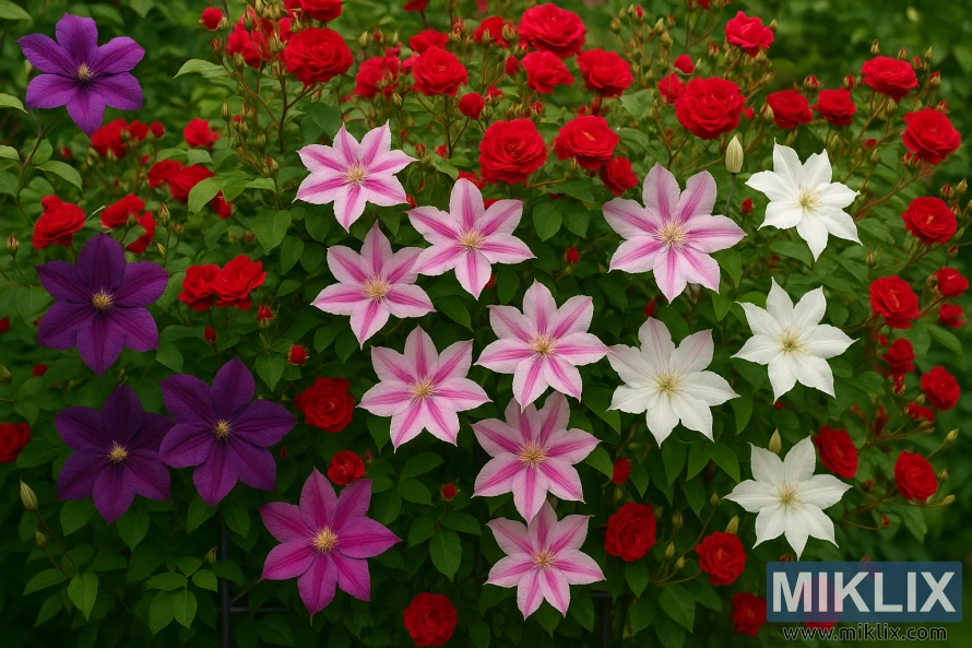 Vibrant clematis flowers in purple, pink, and white growing through a lush red rose bush, creating a striking garden composition.