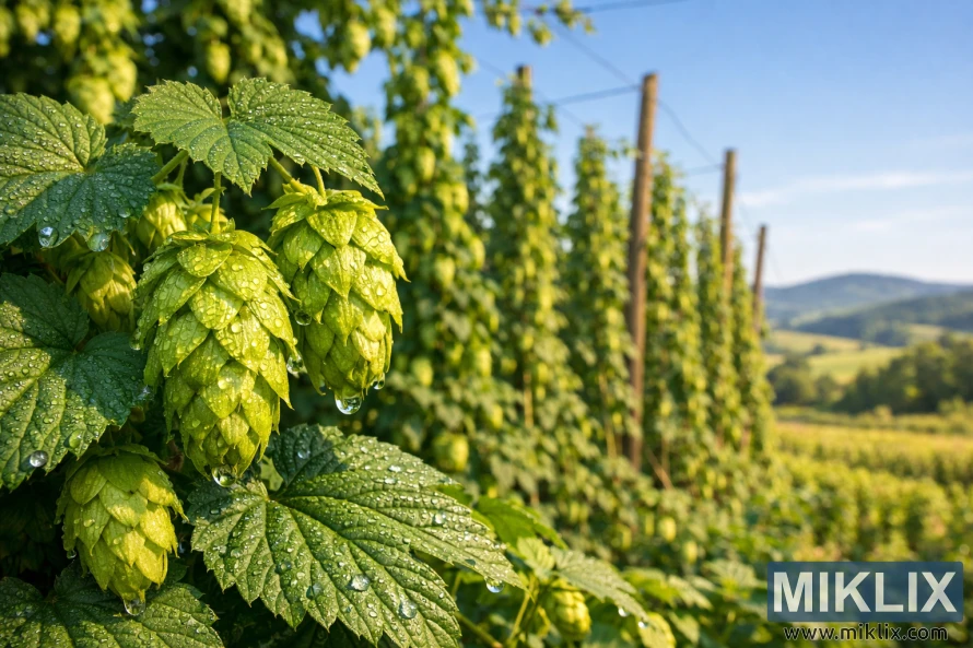 Close-up of dew-covered Eastern Gold hop cones and green leaves in a sunlit hop field with trellised bines, rolling hills, and a clear blue sky in the background.