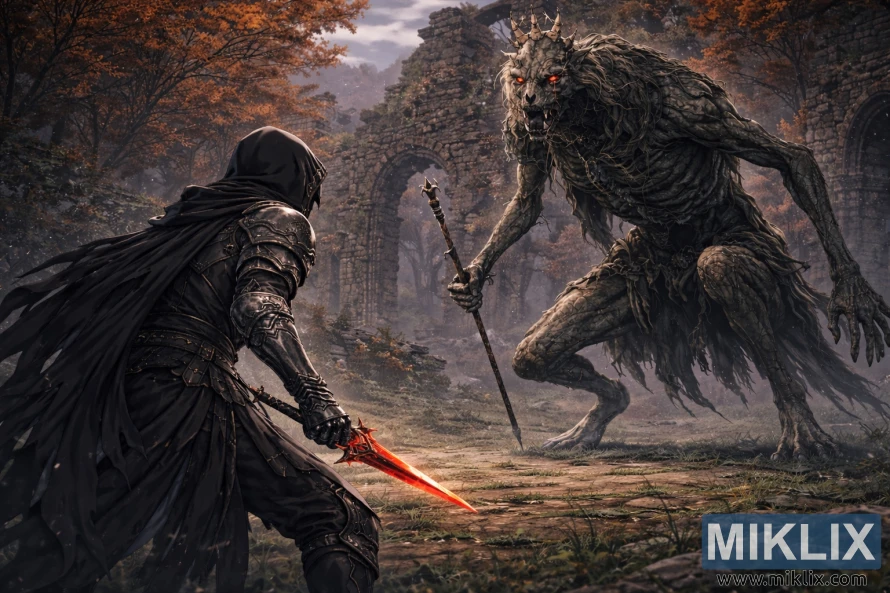 Anime style fantasy scene of a Tarnished in Black Knife armor seen from behind facing a gigantic Demi-Human Queen in ancient forest ruins before battle.