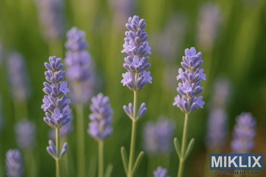 Detaljeret nærbillede af Munstead-lavendel med bløde lavendelblå blomster, der blomstrer på slanke grønne stængler i forsommerens sollys. Detaljeret nærbillede af Munstead-lavendel med bløde lavendelblå blomster, der blomstrer på slanke grønne stængler i forsommerens sollys.