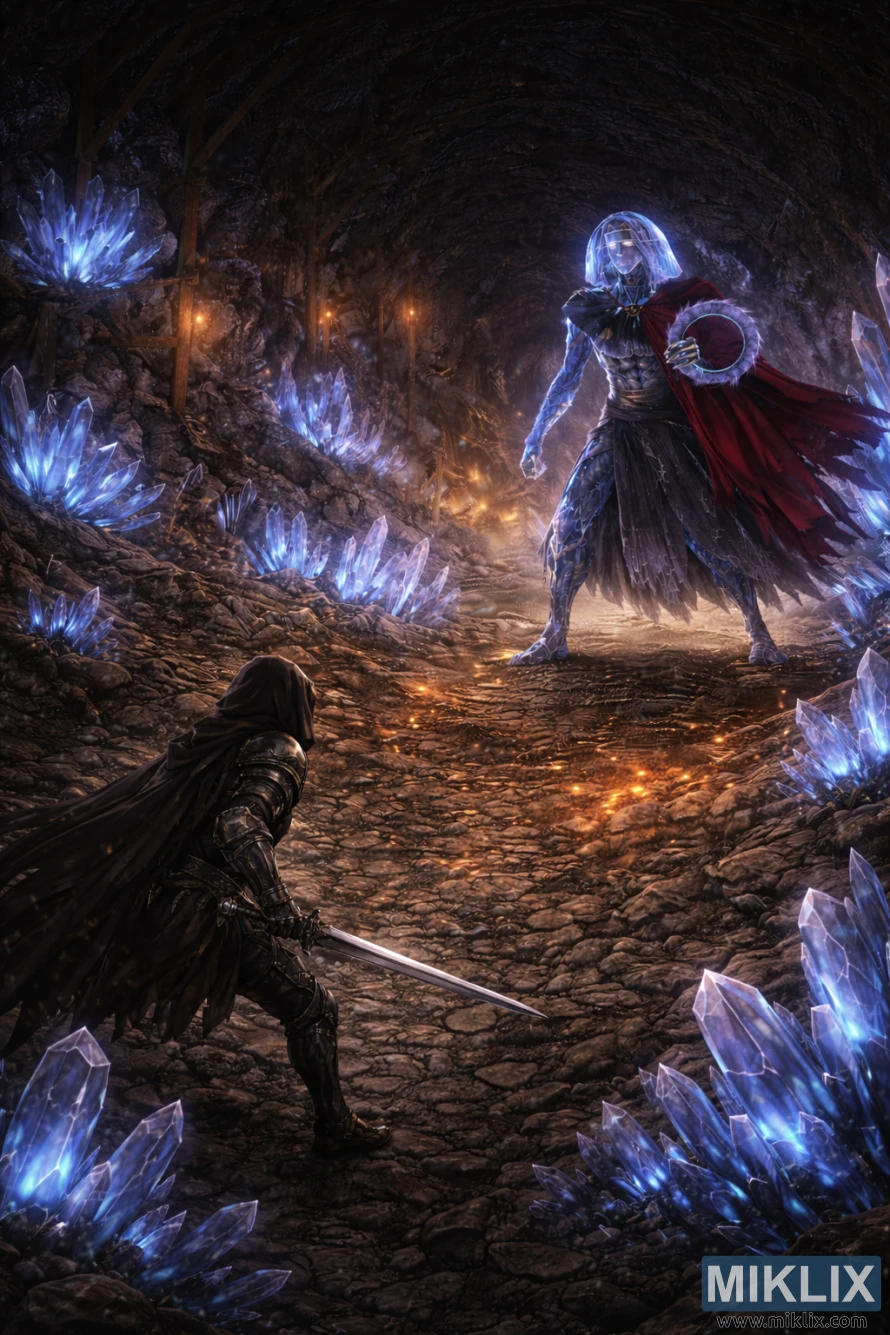 Arte isométrica de fantasia sombria de Elden Ring, feita por um fã, mostrando o Tarnished com uma espada encarando um imponente chefe Crystaliano dentro do Túnel de Cristal Raya Lucaria, repleto de cristais.