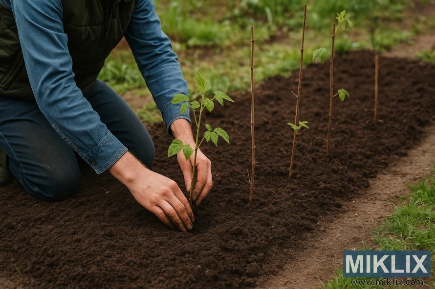 A gardener kneeling in soil while planting young raspberry canes in a garden bed.